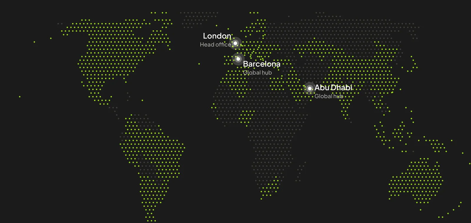 Map of Freak's offices in London, Barcelona and Abu Dhabi, and the countries we work in