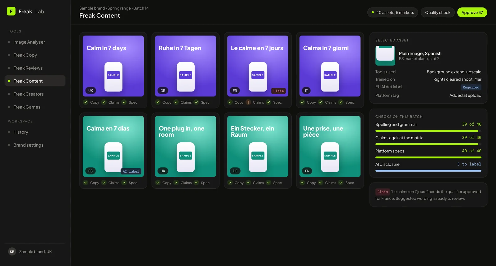 Freak Content checking a batch of transcreated assets for spelling, claims and AI labelling