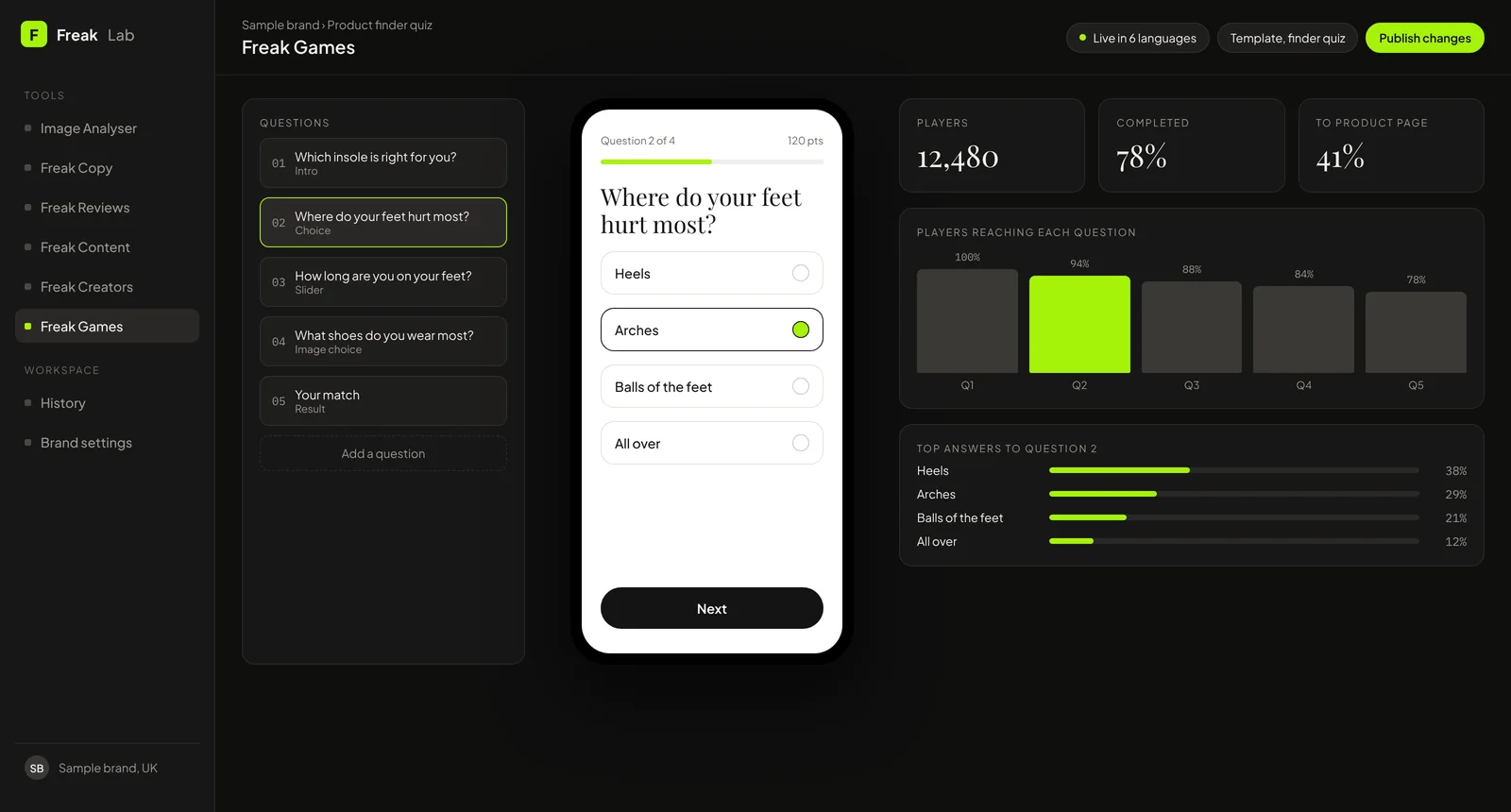 Freak Games building a branded quiz with points, a leaderboard and live completion data