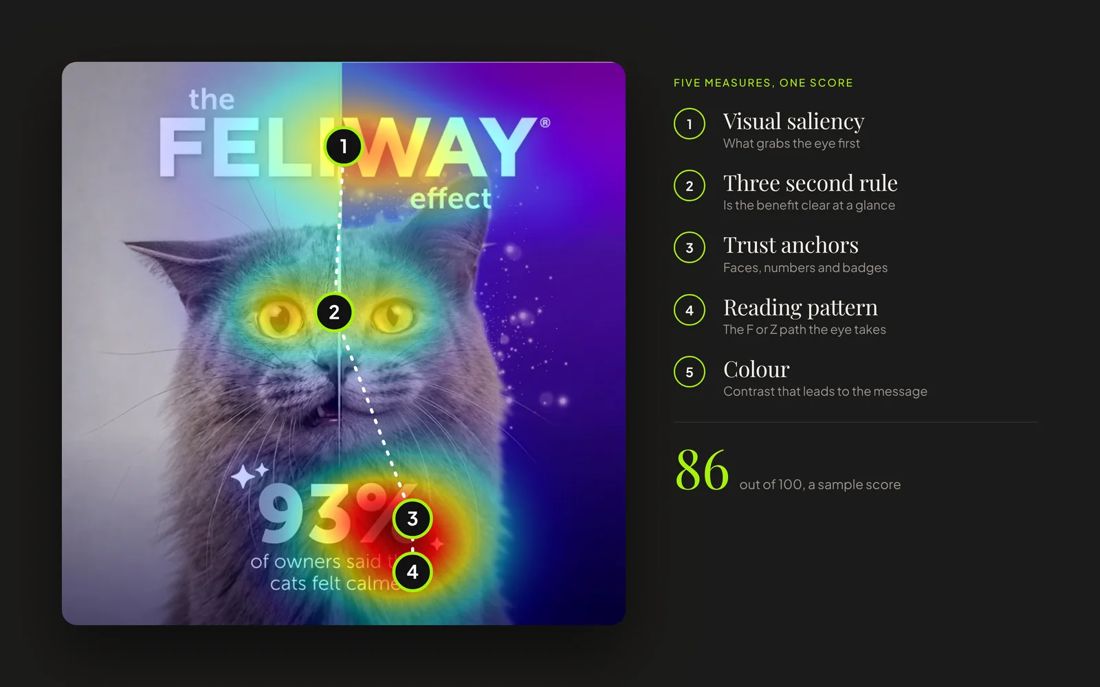An attention heatmap over a Feliway Amazon image with the eye path numbered, beside the framework's five measures