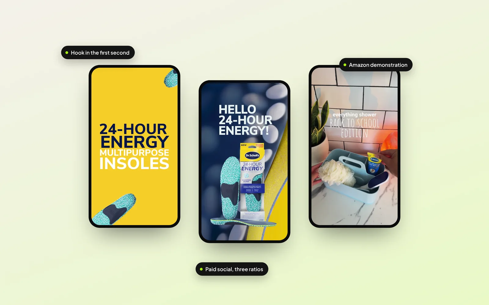 Three vertical UGC videos on phones, labelled with the placement each one is cut for